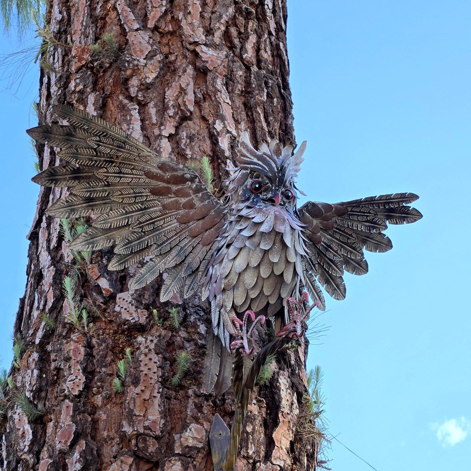 Rustic Metal Owl Sculpture Handcrafted Garden Art with Outstretched Wings Yarn
