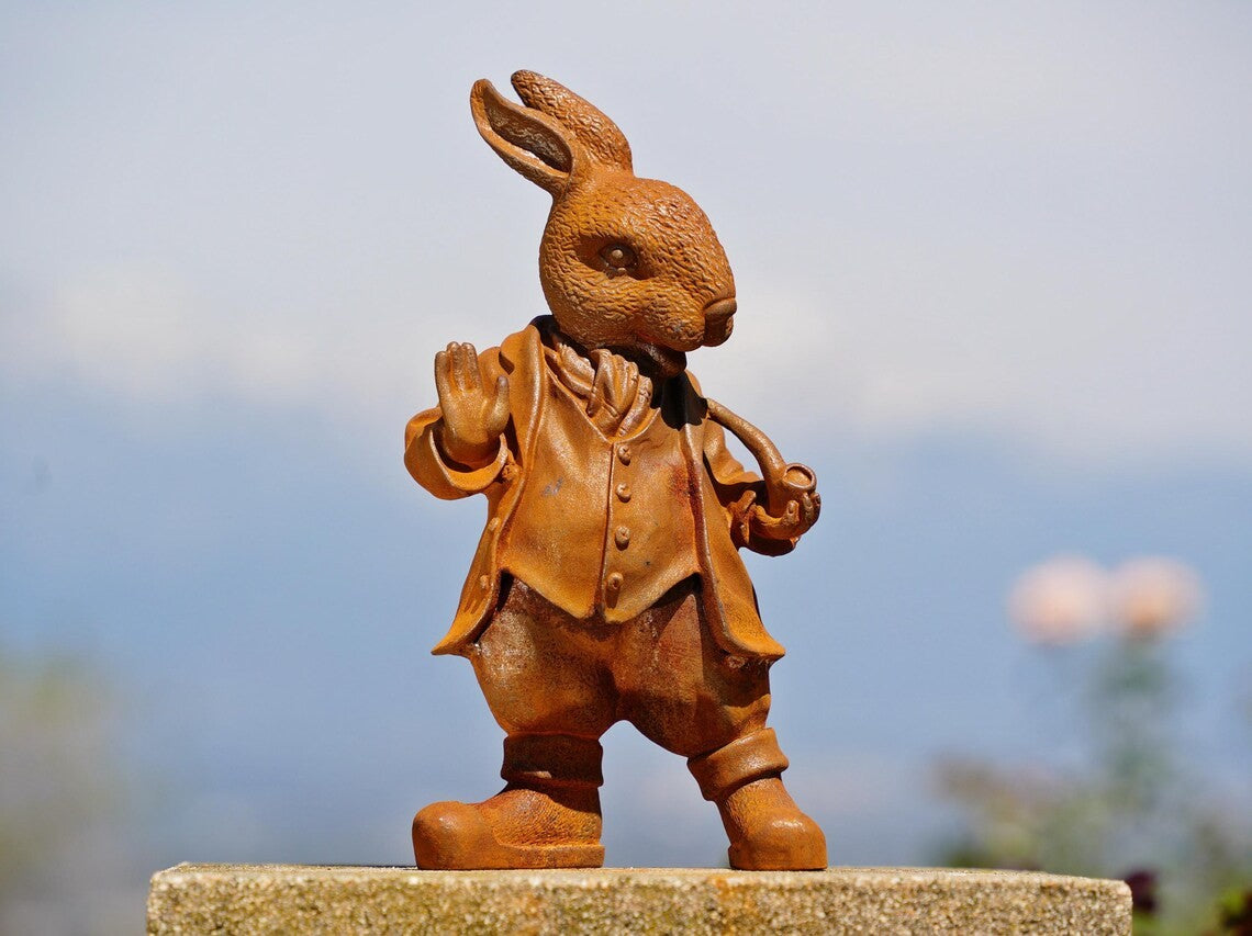 Metal Cast Iron Rabbit Statue - Rustic Bunny Garden Decor - Heavy Metal Porch