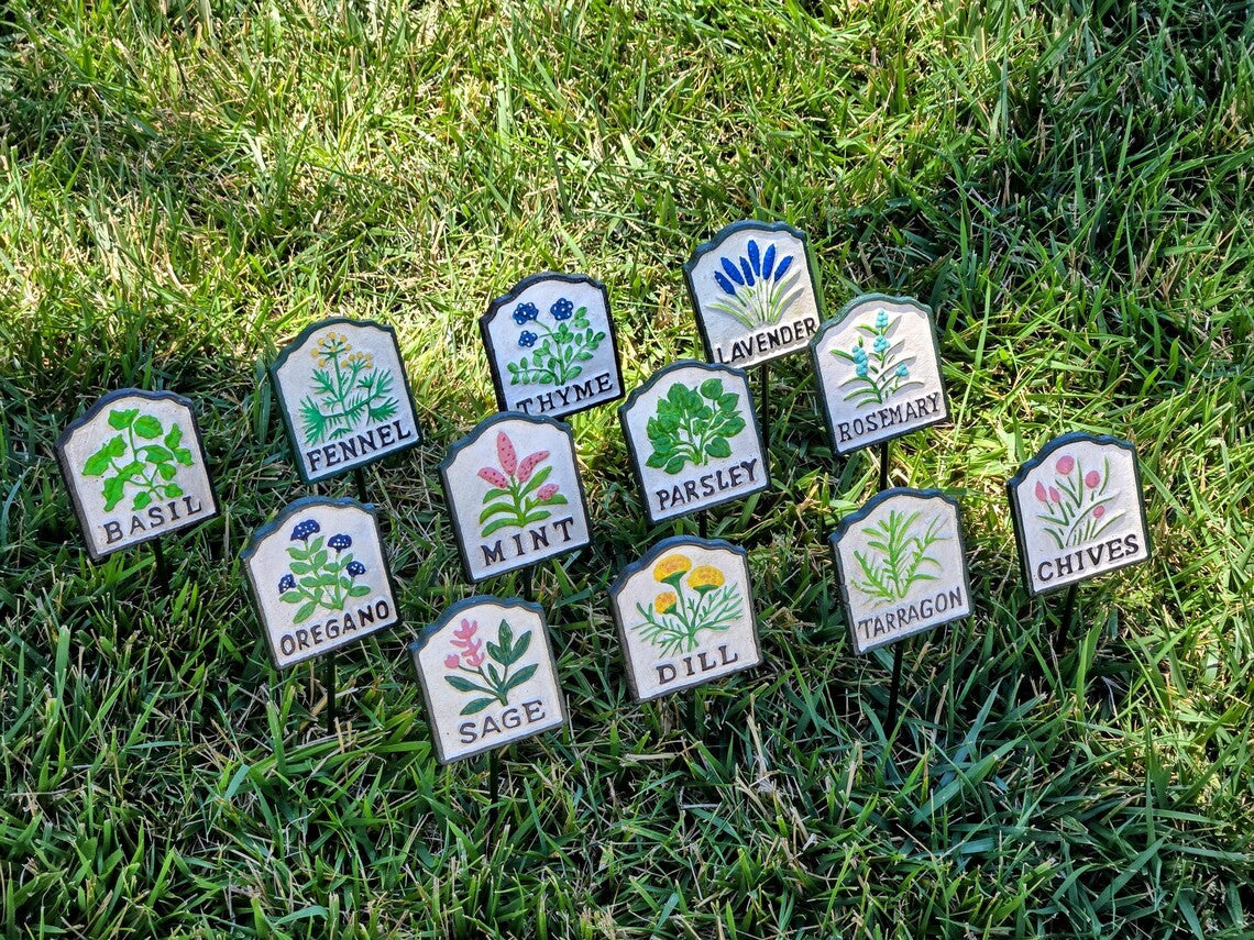 Hand-Painted Cast Iron Herb Garden Signs Colorful Raised Border Plant Markers