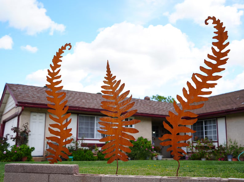 60" Corten Steel Fern Sculptures Rustic Garden Stakes Set of 3, Patina Metal Art