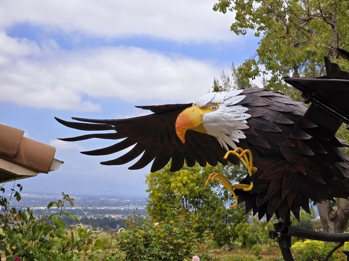 Metal Eagle Yard Art, Wind Powered Moving Garden Sculpture, 7.5ft Outdoor Decor