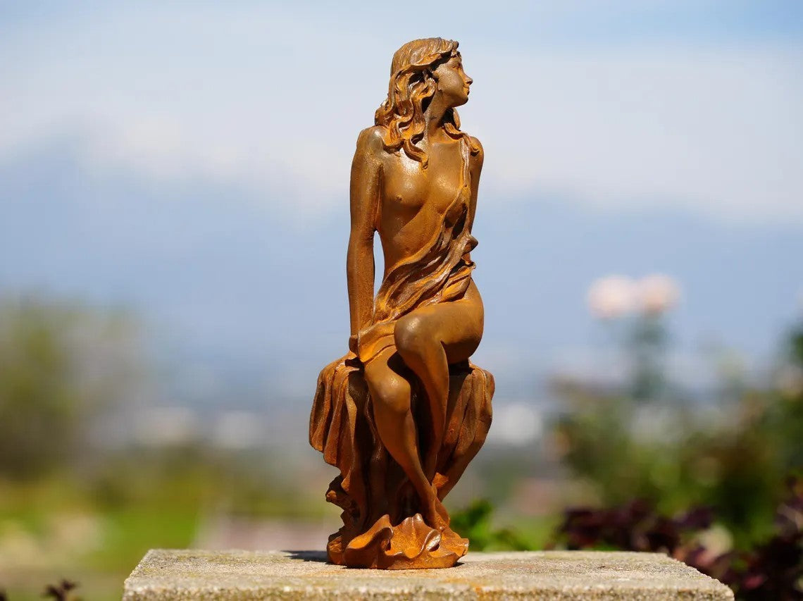 Metal Sensual Cast Iron Woman Statue | Romantic Nude Female Sculpture | Feminine