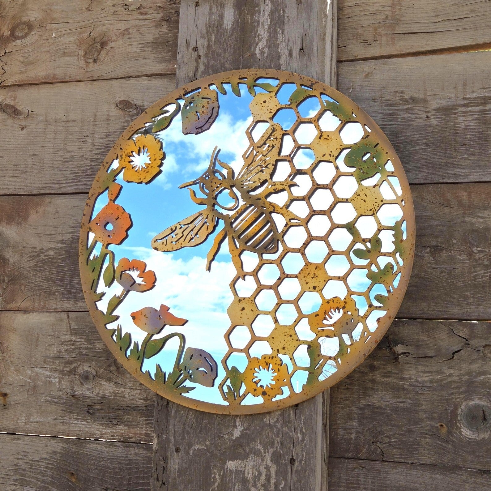 Rustic Metal Bee Wall Decor: Patina Finish, Handcrafted Iron Art Home Mirror