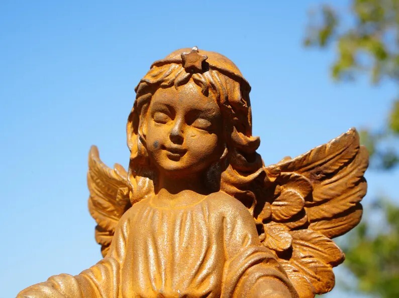 Metal Cast Iron Angel Girl Statues – Garden Angels Holding Bird & Draped Robe