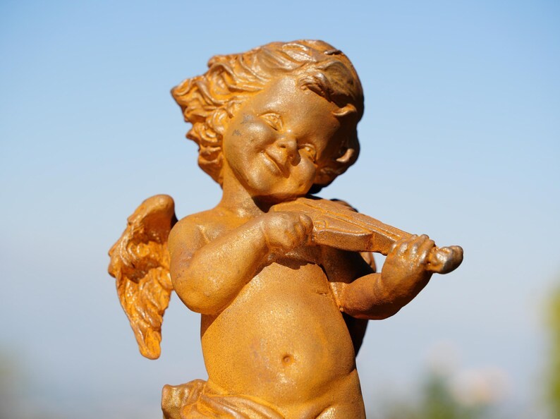 Metal Cast Iron Cherub Angel Statues – Musical Garden Sculptures Playing Violin