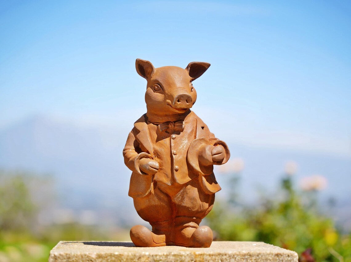 Cast Iron Pig Gentleman Statue – Dressed Animal Garden Sculpture, Whimsical Rust