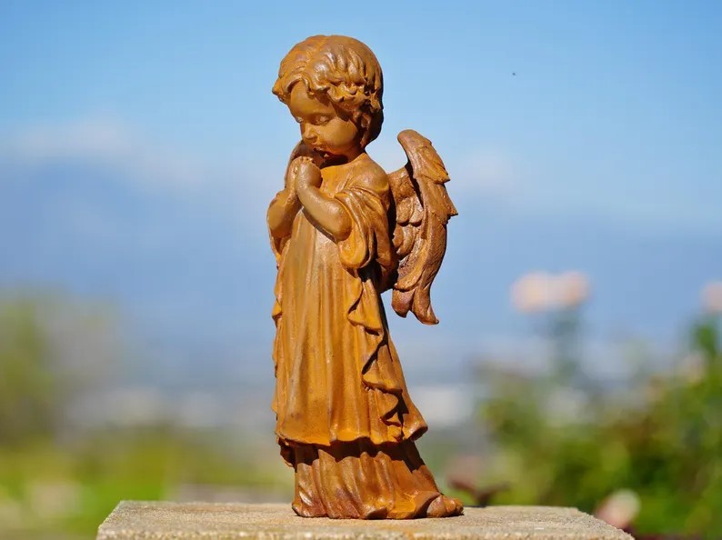 Metal Cast Iron Praying Angel Statue Rustic Religious Decor Spiritual Gift Idea
