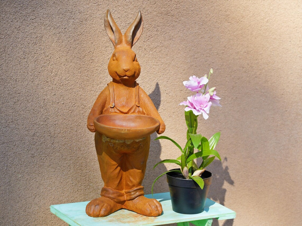 Cast iron Spring Bunny Bird Feeder Statue | Rustic Cast Iron Rabbit in Overalls