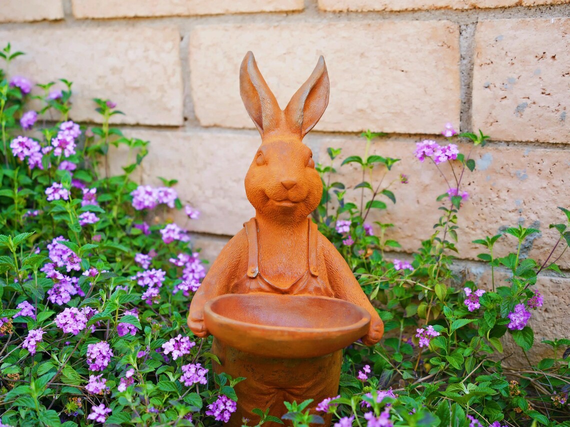 Cast iron Spring Bunny Bird Feeder Statue | Rustic Cast Iron Rabbit in Overalls